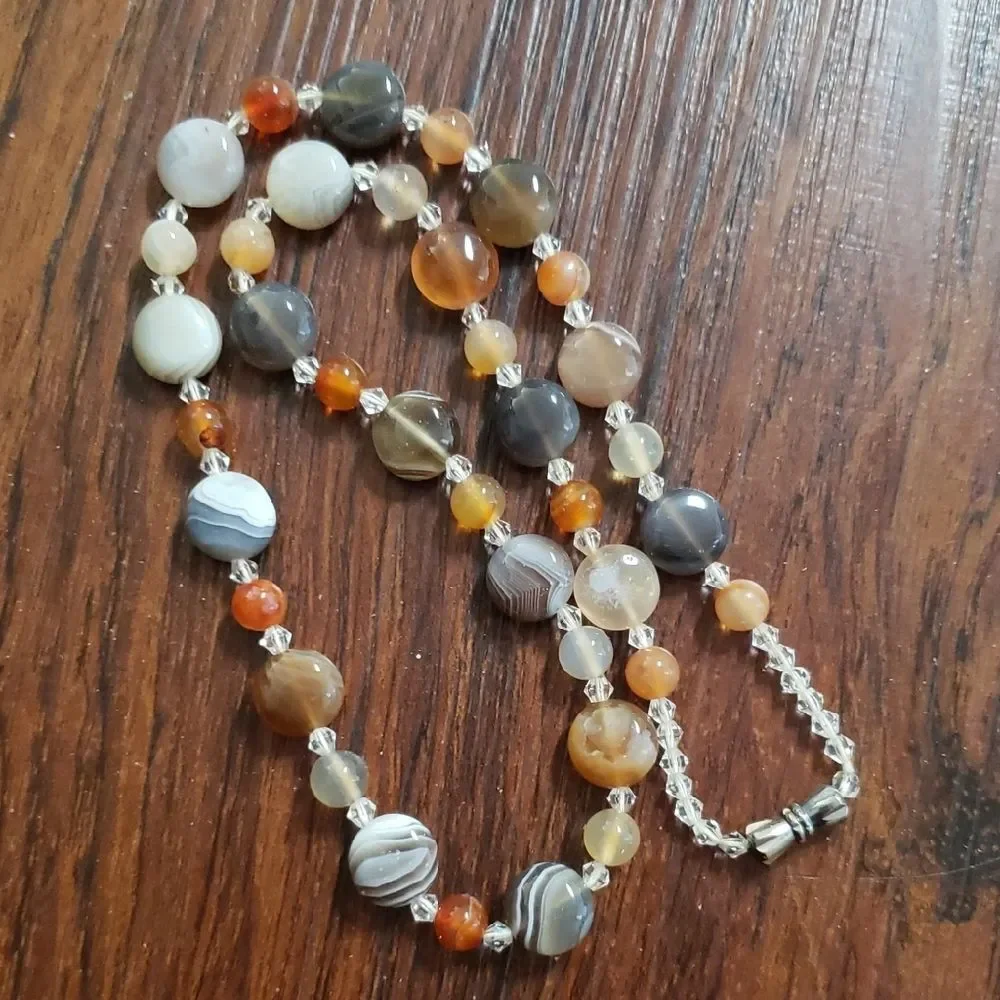 Botswana Agate Crystal Beaded Necklace and Bracelet Set Chic Feminine Retro